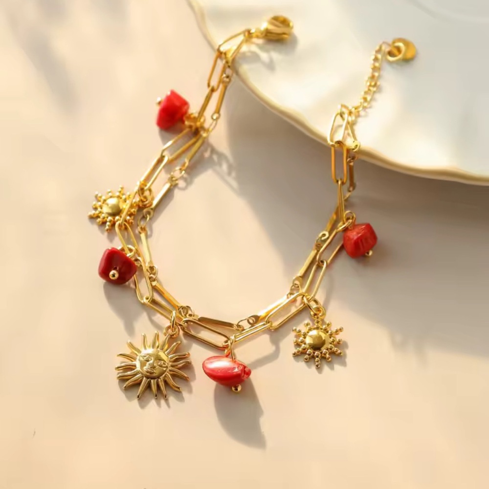 Sunburst Gold and Red Charm Bracelet 18k gold plated stainless steel